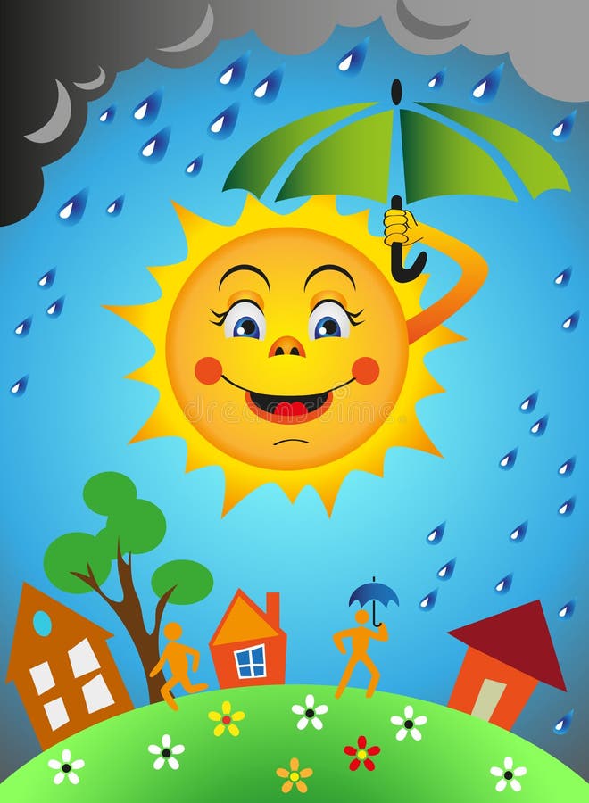 Cute Cartoon Sun with Umbrella Stock Vector - Illustration of dotted