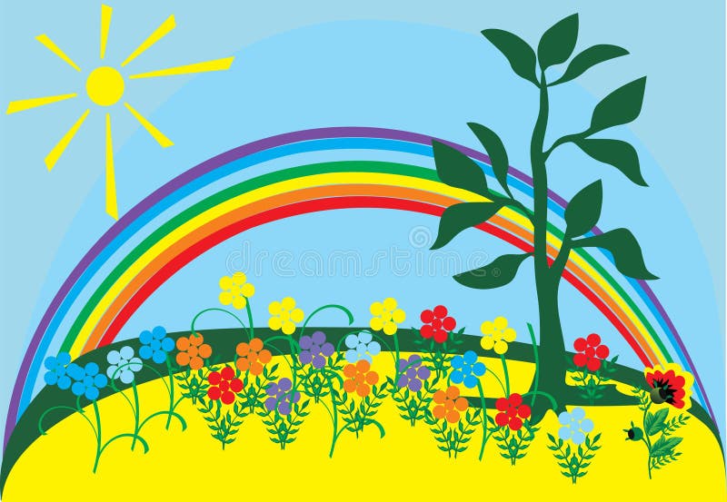 Sun, rainbow and flowers