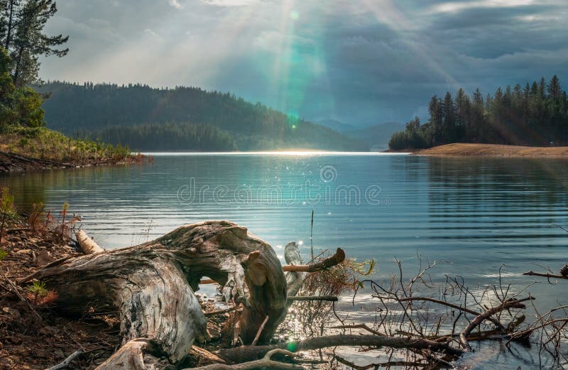 Sun during rainstorm at Whiskeytown Lake, Redding, Northern California