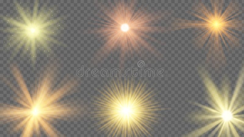 Sun ray effect. Starburst yellow shine, sunlight radiance on transparent background. Sunshine beams, summer heat sunbeam