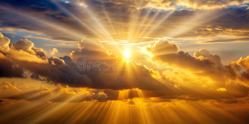 Sun rays piercing through clouds in golden hues Creative AI stock images