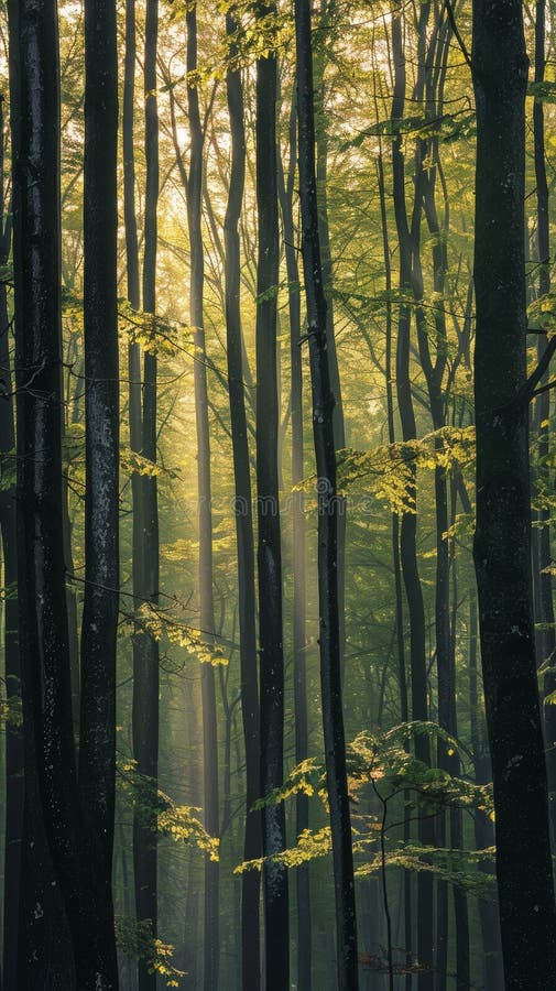 Sun rays piercing through a dense forest stock photos
