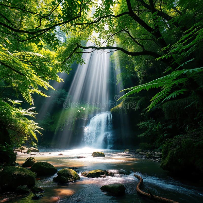 Sun rays piercing through the forest canopy illuminating a tranquil stream. stock photography
