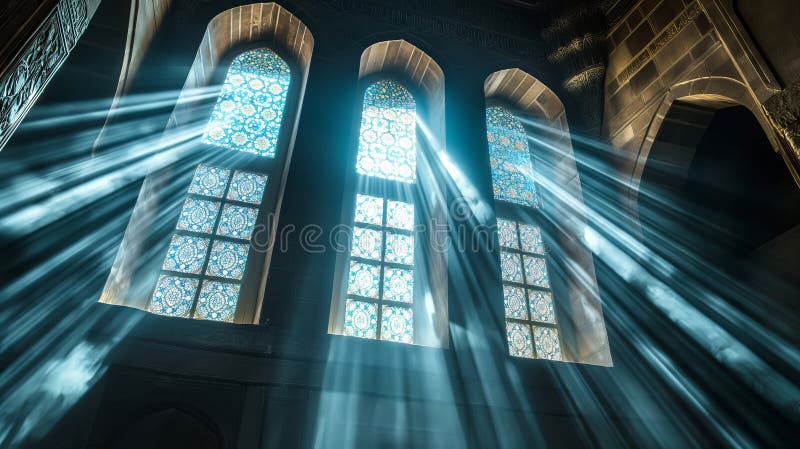 Sun rays piercing through stained glass windows, casting patterns inside temple stock photos