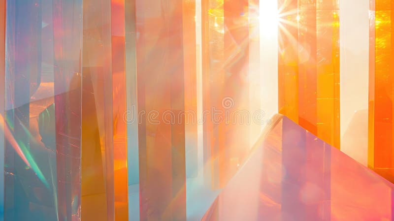 Sun rays piercing through vertical translucent shapes, creating a prism effect with ethereal pastel colors and dreamy royalty free stock photo