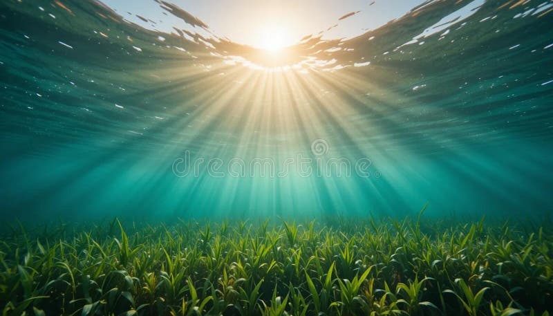 Sun rays piercing through water, illuminating the seagrass below royalty free stock photo