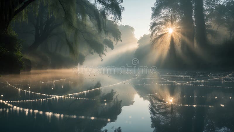 Serene morning scene featuring a sunlit lake shrouded in mist, reflecting the sun's rays and intricate spiderwebs glistening on the water's surface. The tranquil atmosphere is enhanced by the surrounding trees and the soft, diffused light. Spiderwebs illustrations