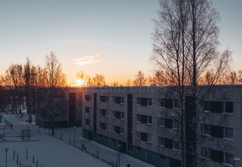 Sun is Rising in the Suburbs Behind the Panel Houses on a Winter Morning Stock Image Image of