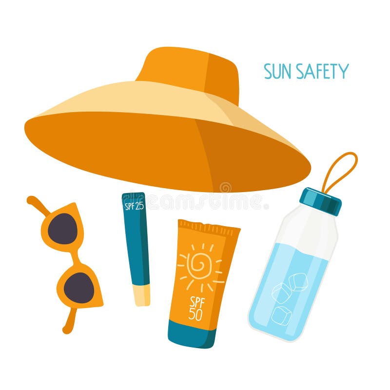 Sun safety. Things necessary on beach for health. Sunscreen cosmetics, water bottle, sunglasses, hat. Product for Summer