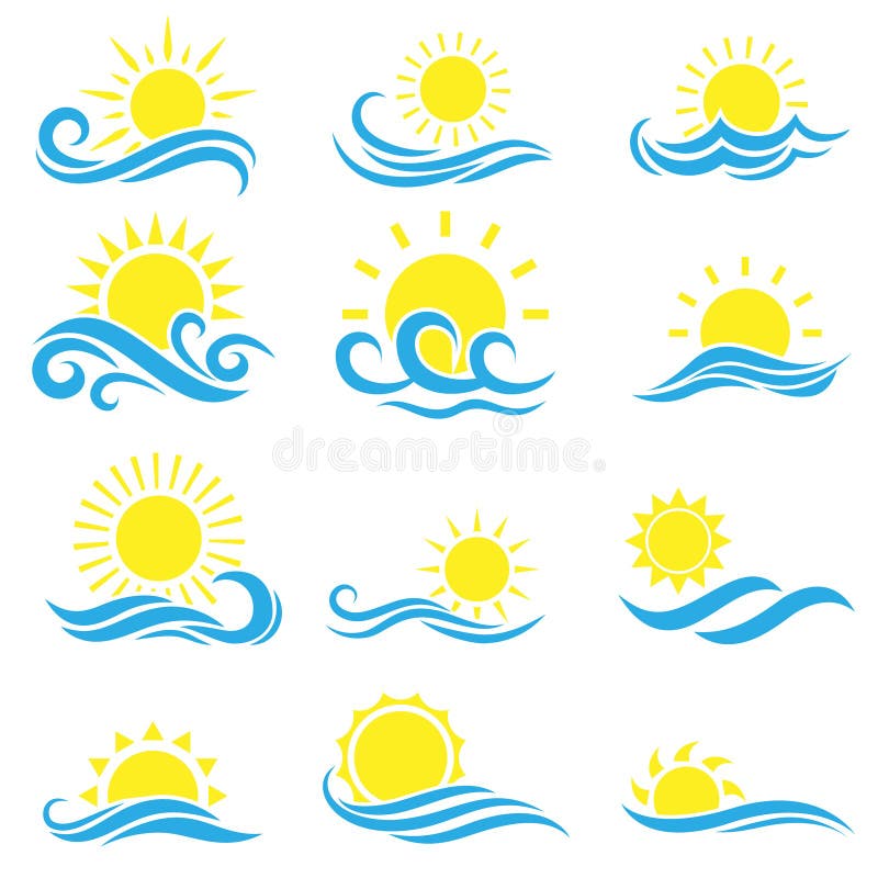 Sun and sea icon vector set. sunrise and sunset illustration sign collection. seaside vacation symbol. waves logo.