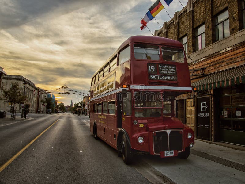 Sun set double decker bus royalty free stock photo