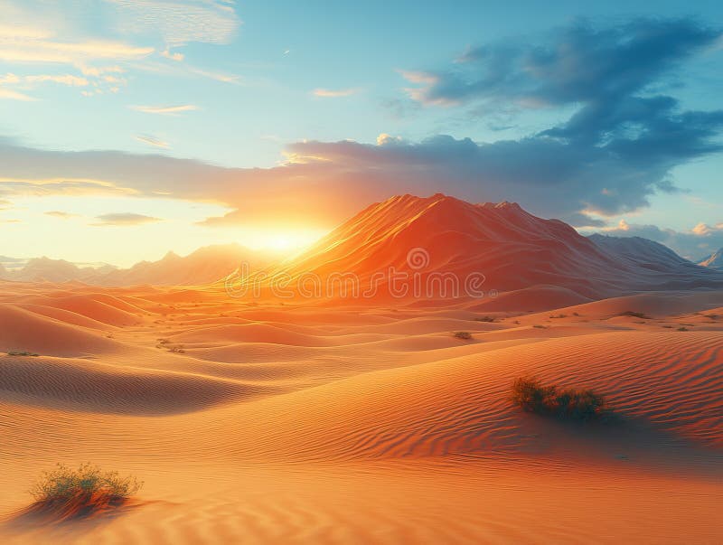 Sun setting behind sand dunes creating orange gradient in desert landscape stock photography
