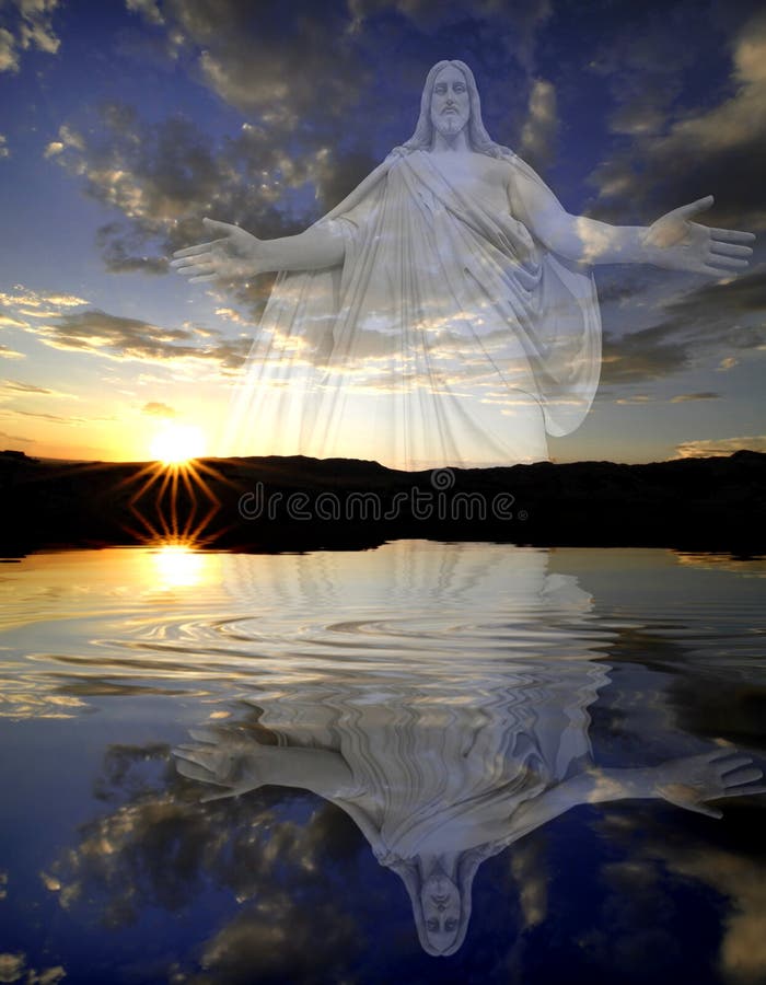 Sunset with sun and clouds in orange and golden light with Jesus in background reflecting in water. Sunset with sun and clouds in orange and golden light with Jesus in background reflecting in water