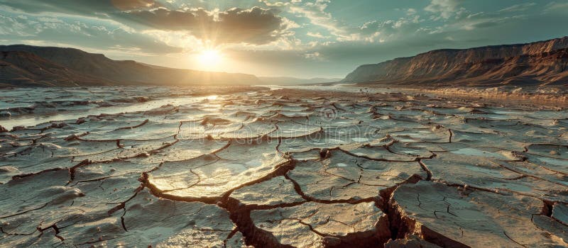 Sun Setting Over Cracked Lake stock image