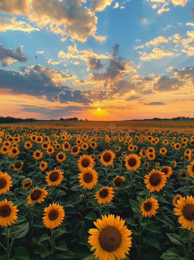 Sun Setting Over a Field of Sunflowers stock photo