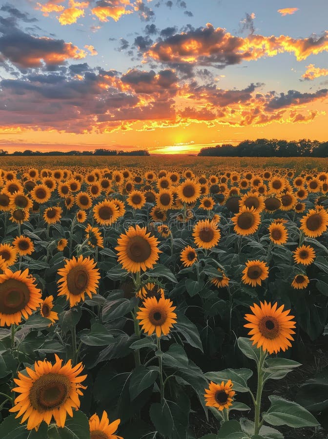 Sun Setting Over a Field of Sunflowers stock photography