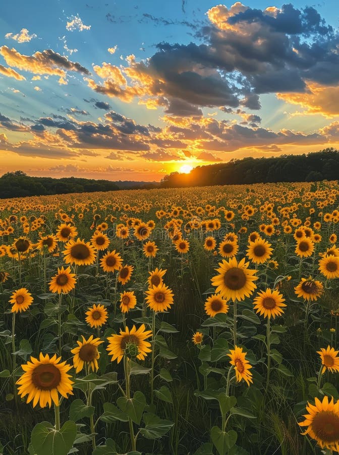 Sun Setting Over a Field of Sunflowers royalty free stock photography