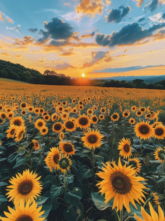 Sun Setting Over a Field of Sunflowers royalty free stock photos