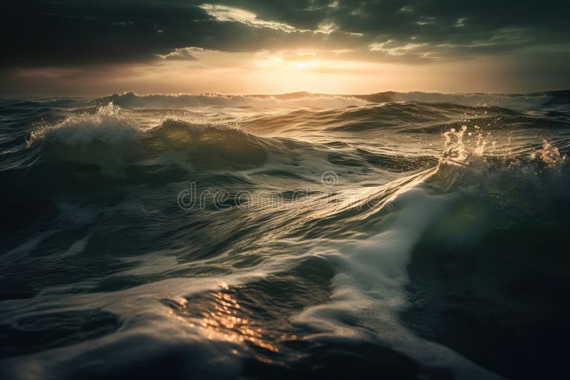 the sun is setting over the ocean waves in the ocean with the sun shining through the clouds and the water in the foreground is