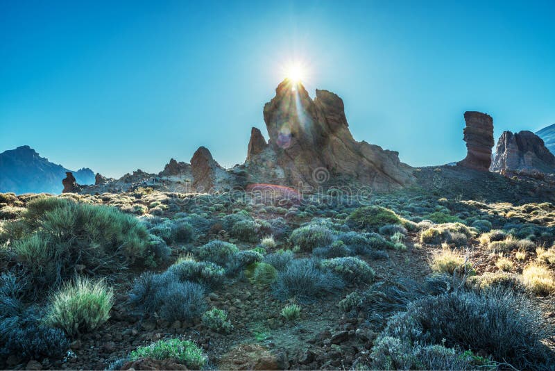 SSun is setting over Roques de GarcÃ­a and Roque Cinchado. Unique landscape of Teide National Park Tenerife Island