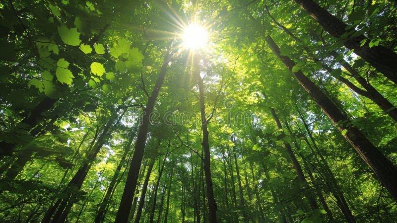 Sun Shining Through Trees in Forest stock images