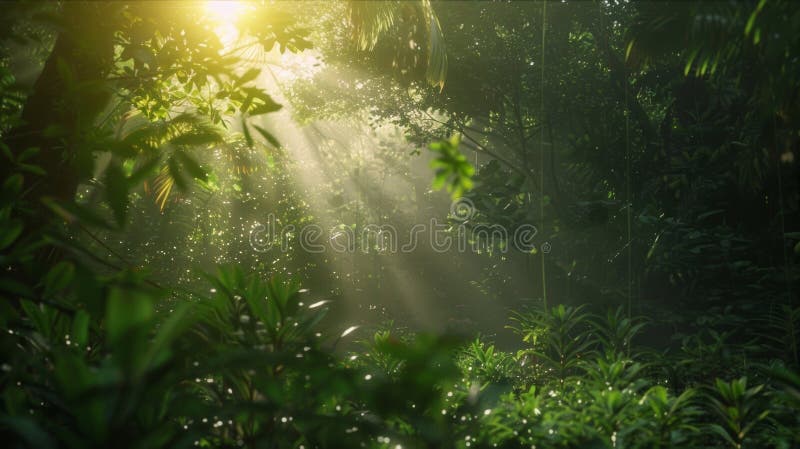 Sun Shining Through Trees in Jungle stock photo