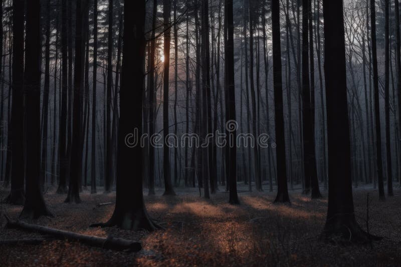 The Sun is Shining through the Trees in the Woods. Generative AI Image