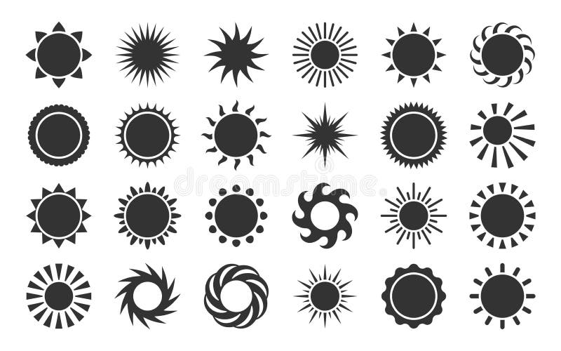 Sun silhouette cartoon icon set. Black sunlight sunset star. Abstract graphic solar vector symbols. Collection on white