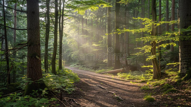 Sunbeams Dapple Misty Forest Path Through Lush Canopy stock illustration