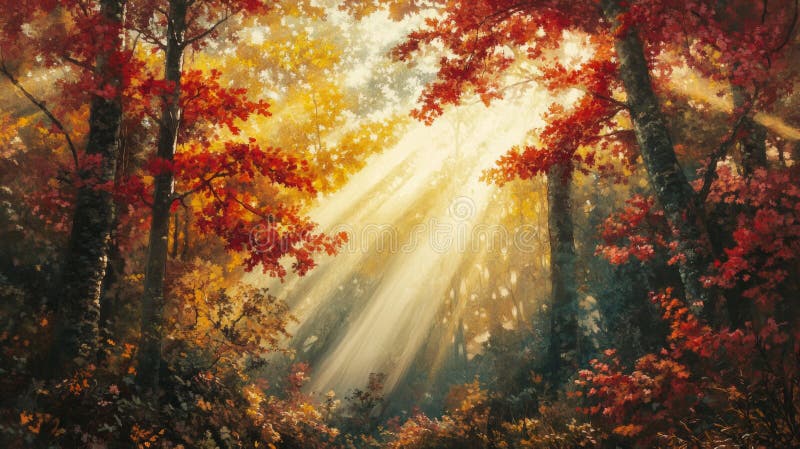 Sunbeams Shining Through Autumn Foliage in a Dense Forest vector illustration