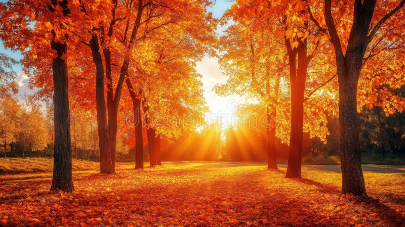 Sunbeams Shining Through Autumn Trees in a Forest vector illustration