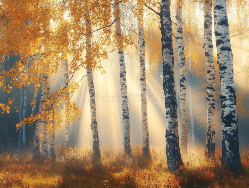 Sunbeams Shining Through a Birch Tree Grove in Autumn stock illustration