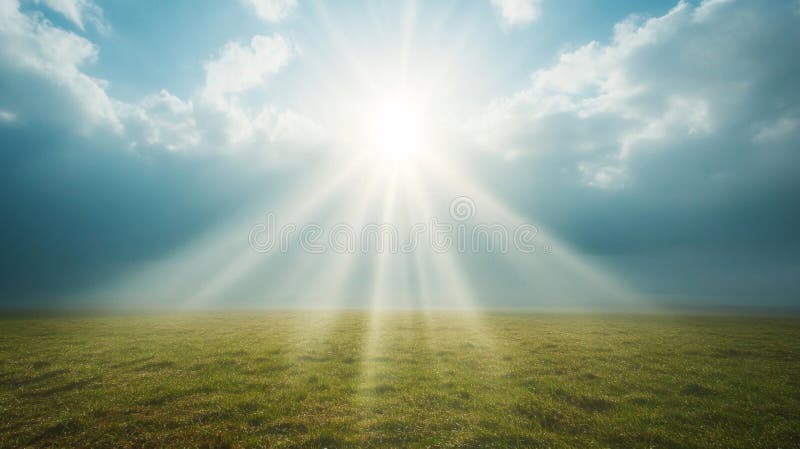 Sunbeams Shining Through Clouds Over a Field of Grass royalty free illustration