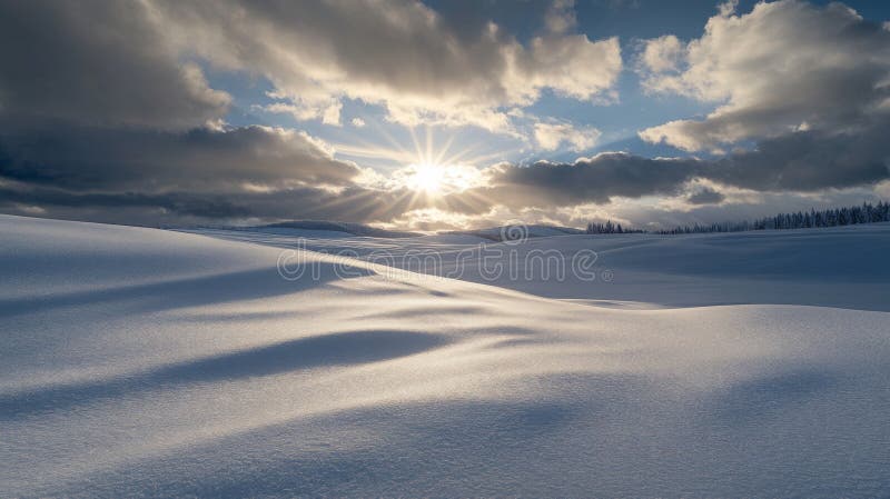 Sunbeams Shining Through Clouds Over Snowy Hills stock illustration