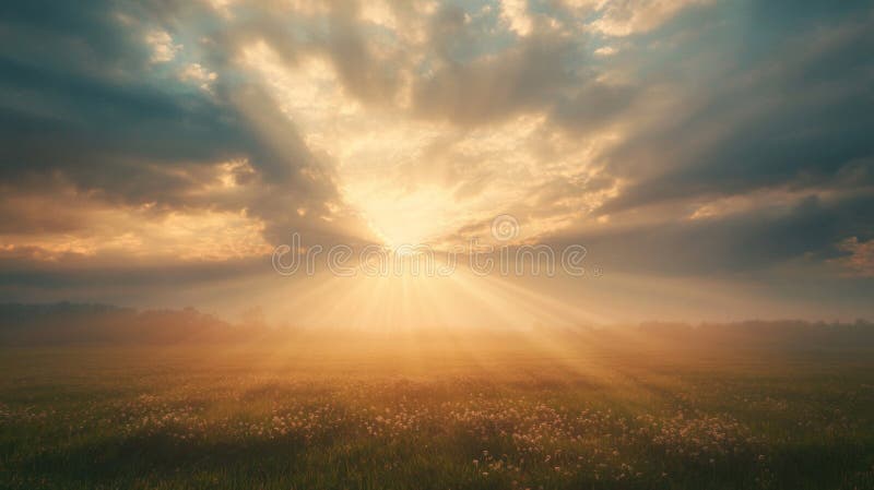 Sunbeams Shining Through Cloudy Sky Over Lush Meadow stock illustration