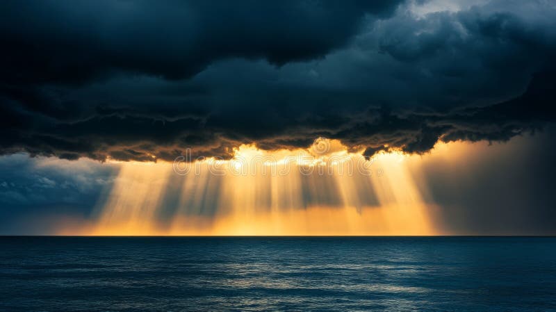 Sunbeams Shining Through Dark Clouds Over Calm Ocean royalty free illustration