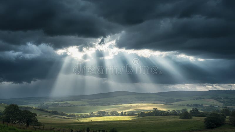 Sunbeams Shining Through Dark Clouds Over Rolling Green Hills royalty free illustration