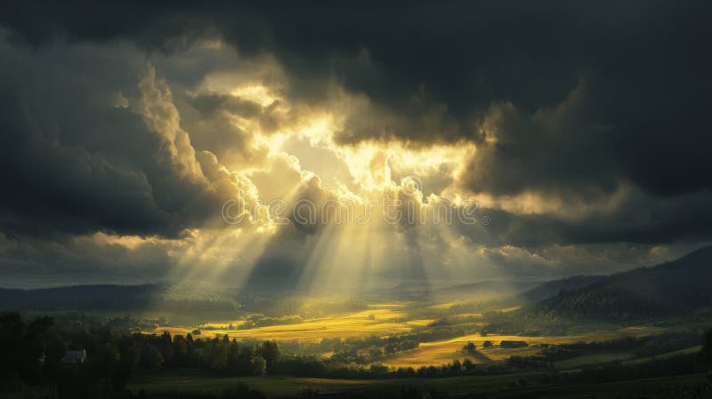 Sunbeams Shining Through Dark Clouds Over a Rural Landscape vector illustration