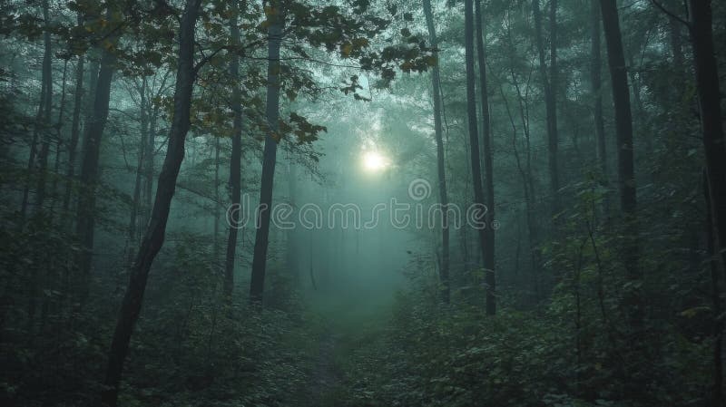 Sunbeams Shining Through Dense Fog in a Forest vector illustration