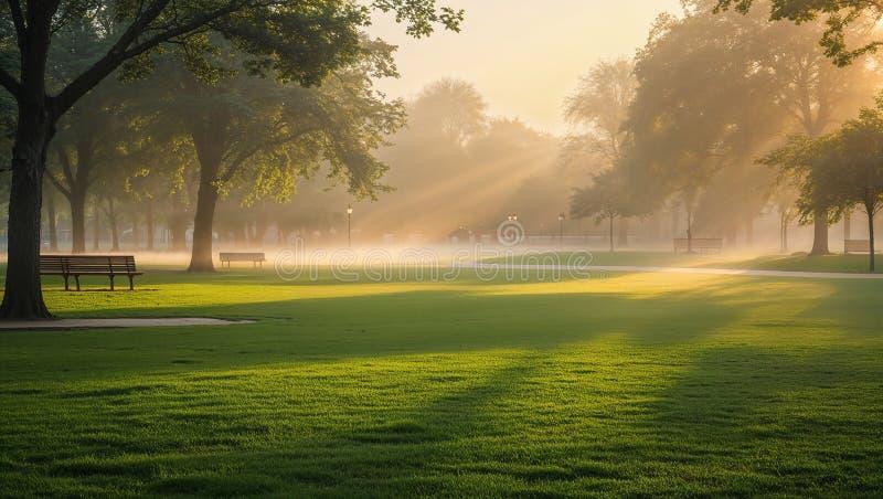 Sunbeams shining through fog and trees in a green public park at sunrise royalty free illustration