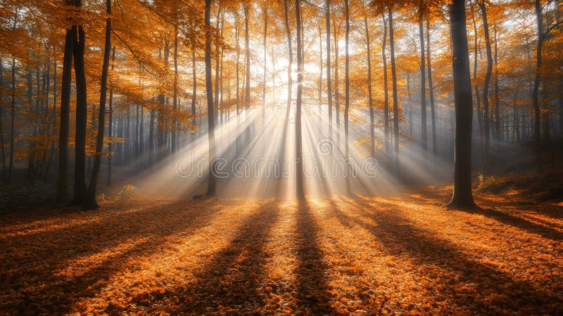 Sunbeams Shining Through Foggy Autumn Forest stock illustration