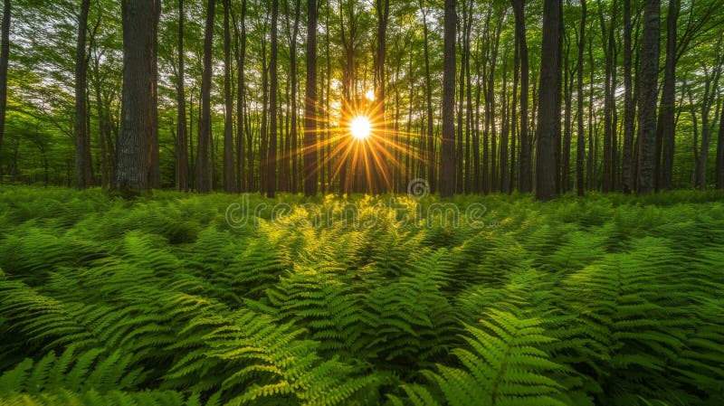 Sunbeams Shining Through a Forest of Tall Trees and Ferns stock illustration