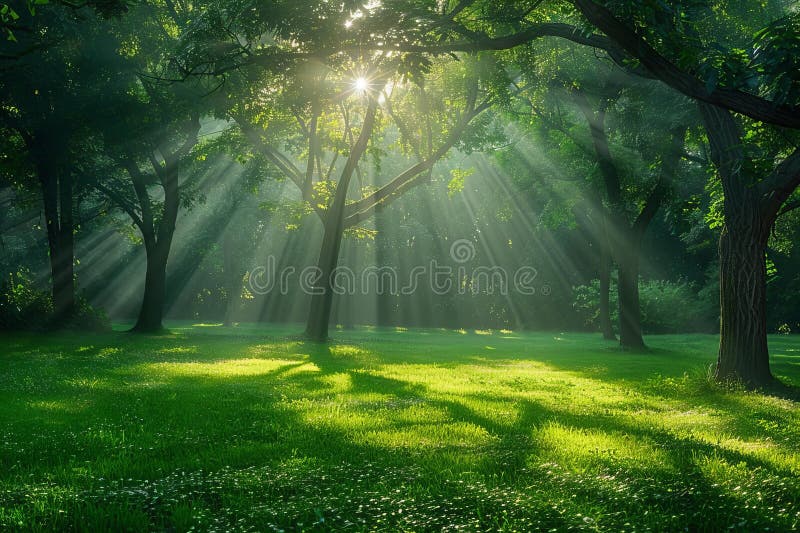 Sunbeams shining in the green grass, with sun shining through the trees vector illustration