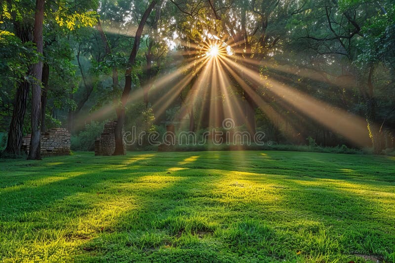 Sunbeams shining in the green grass, with sun shining through the trees stock illustration