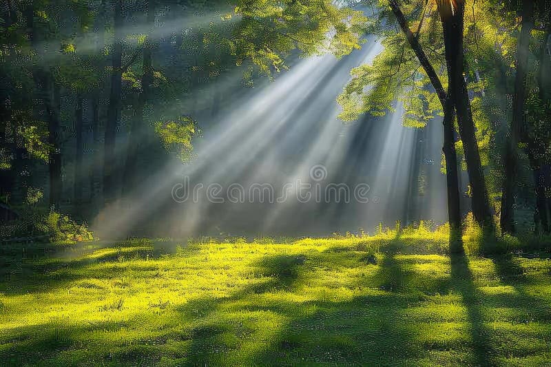 Sunbeams shining in the green grass, with sun shining through the trees vector illustration