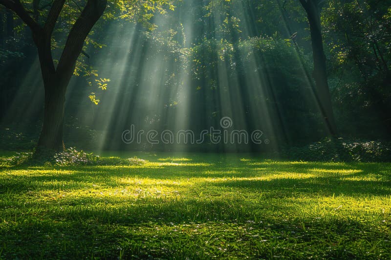 Sunbeams shining in the green grass, with sun shining through the trees stock illustration