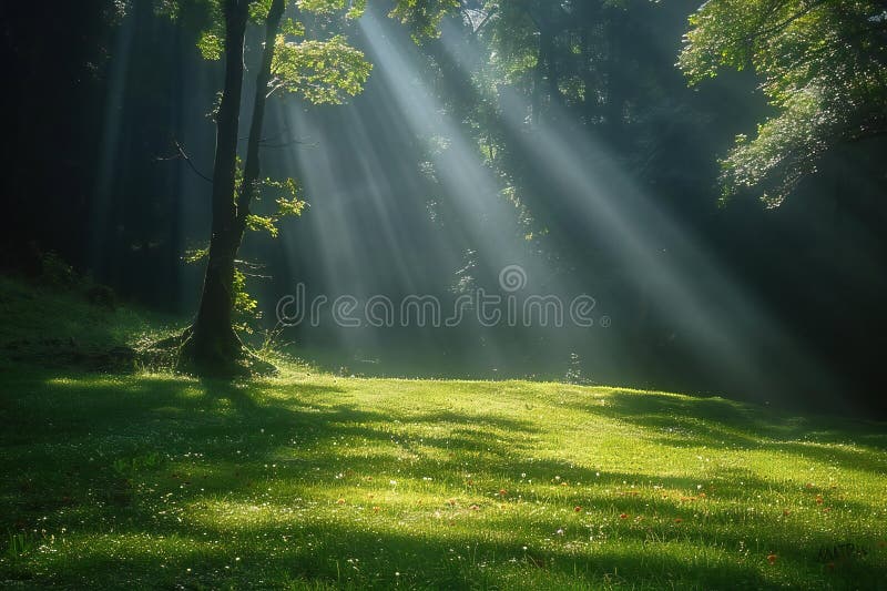 Sunbeams shining in the green grass, with sun shining through the trees royalty free illustration