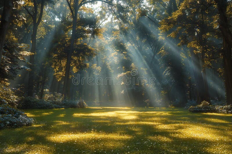Sunbeams shining in the green grass, with sun shining through the trees stock illustration