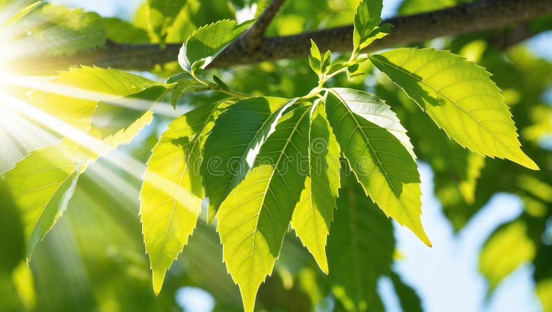 Sunbeams shining through green leaves on tree branch royalty free illustration
