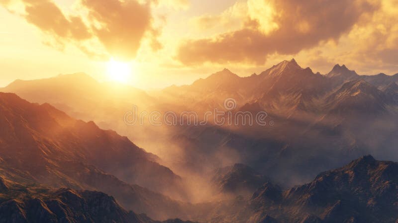 Sunbeams Shining Through Hazy Mountain Ranges at Sunset stock illustration